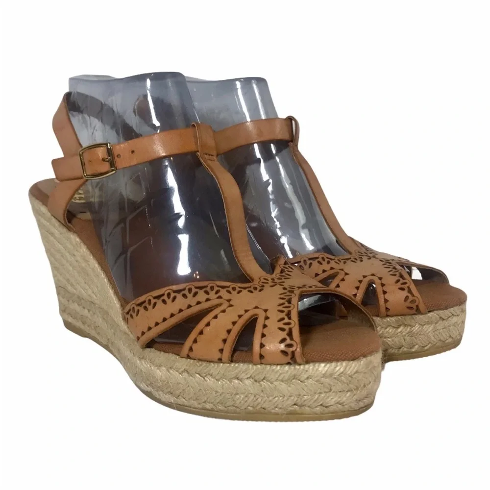 KANNA Women’s 39/8.5 T-Strap Slingback Espadrille Wedge spanish tooled Leather